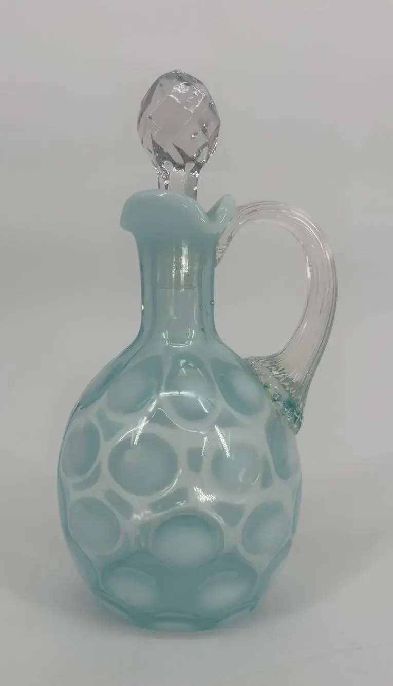 Vintage Fenton Blue Cruet Opalescent Coin Dot Cruet Ruffled Edge W/Stopper 7”